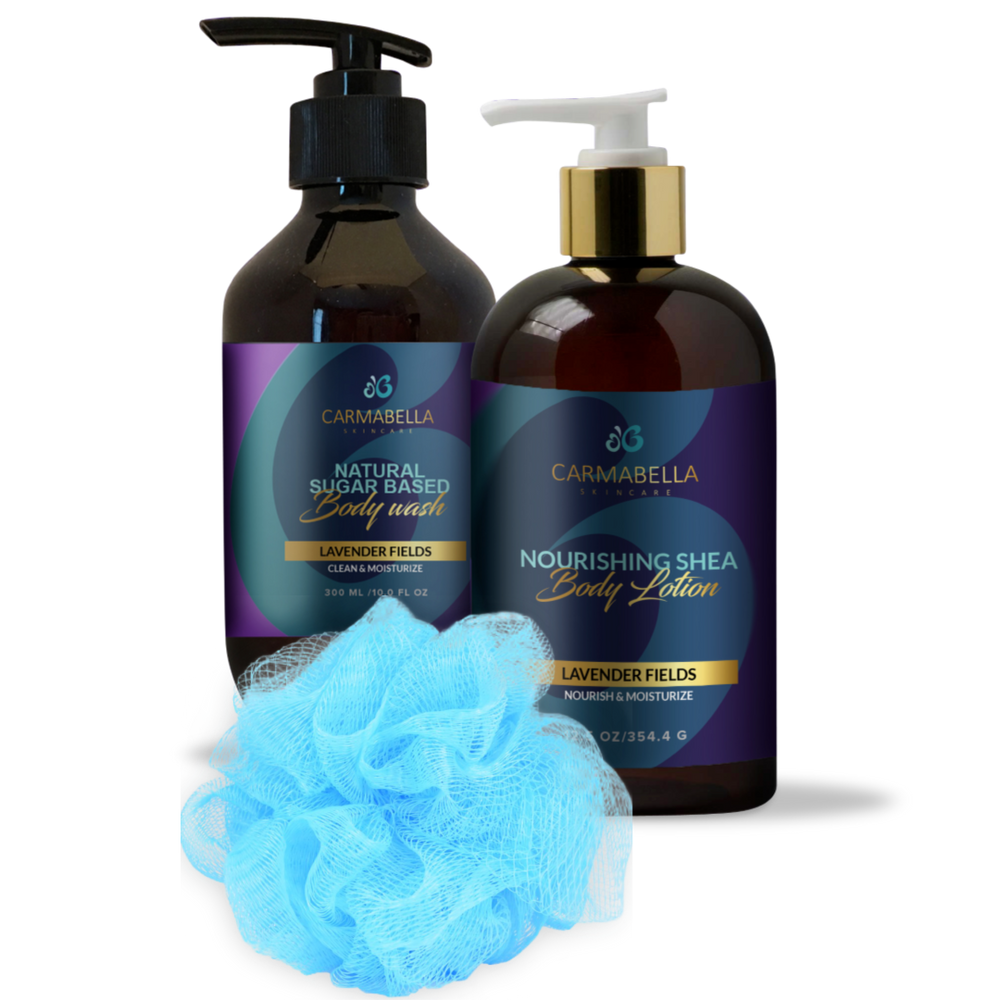 Lavender Fields (Original) Scent Lotion, Body wash and bath poof Set | CarmaBella Skincare Natural Skincare