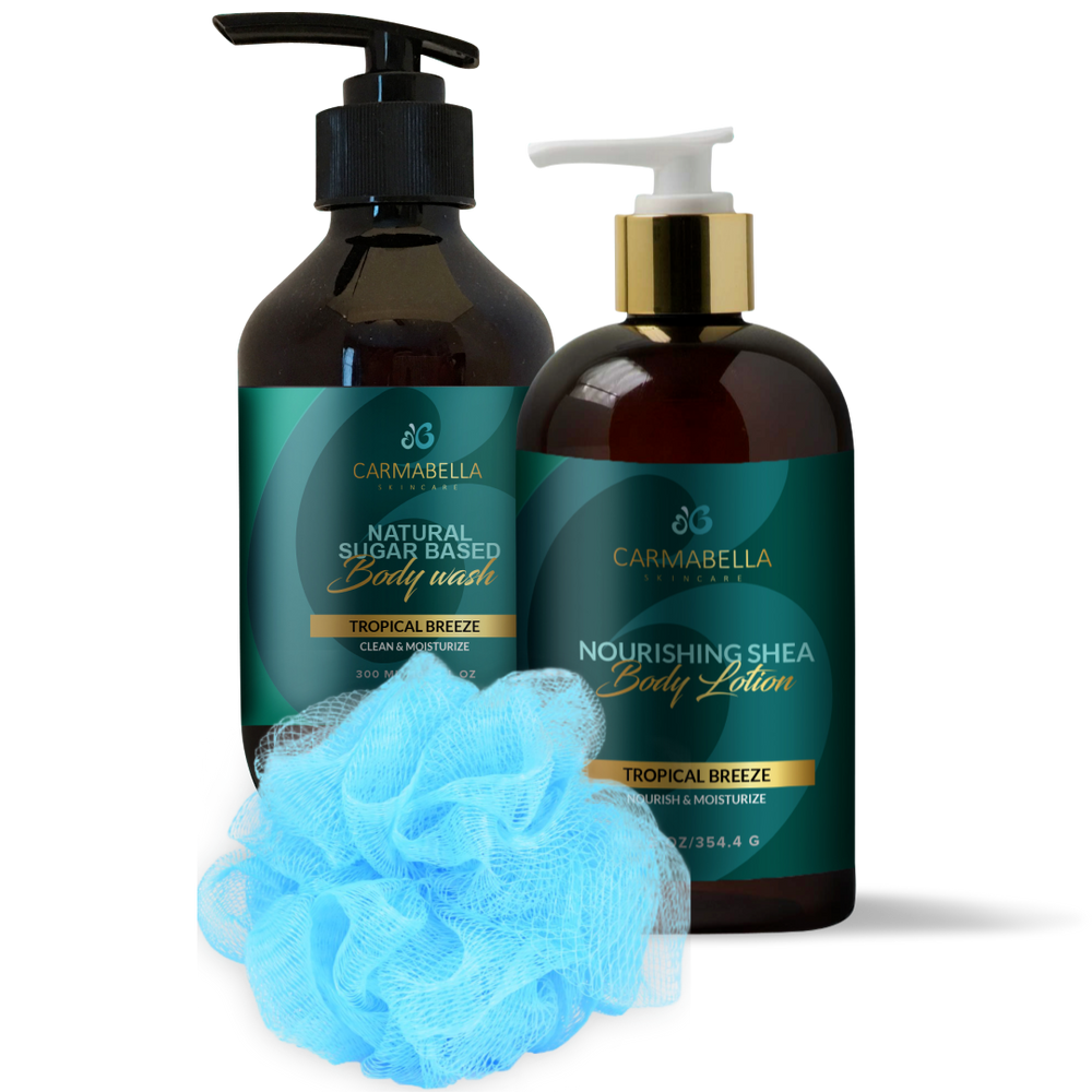 Tropical Breeze (Pineapple Coconut) Scent Lotion, Body wash and bath poof set | CarmaBella Skincare Natural Skincare